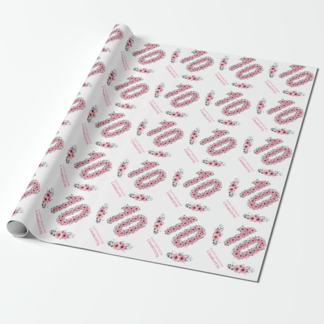 Birthday Big 10th Girl Pink Flowers Green Foliage Wrapping Paper (Unrolled)