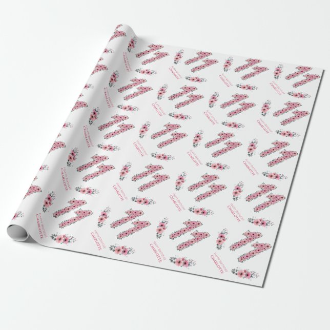 Birthday Big 11th Girl Pink Flowers Green Foliage Wrapping Paper (Unrolled)