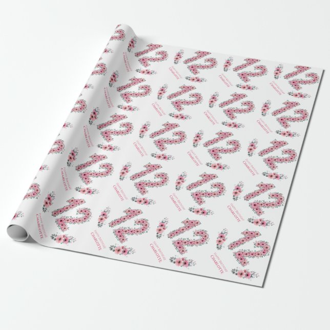 Birthday Big 12th Girl Pink Flowers Green Foliage Wrapping Paper (Unrolled)