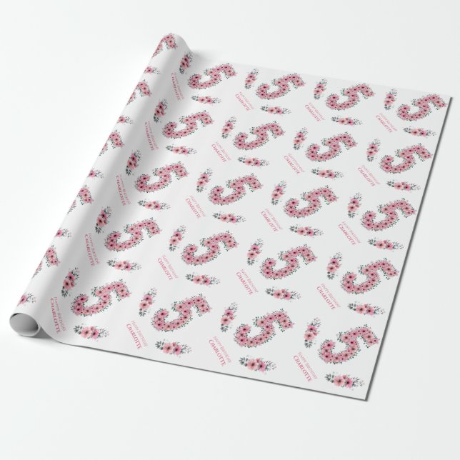 Birthday Big 5th Girl Pink Flowers Green Foliage Wrapping Paper (Unrolled)