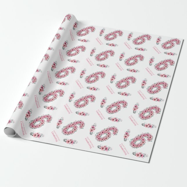 Birthday Big 6th Girl Pink Flowers Green Foliage Wrapping Paper (Unrolled)