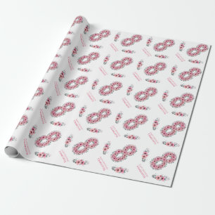 Birthday Big 8th Girl Pink Flowers Green Foliage Wrapping Paper