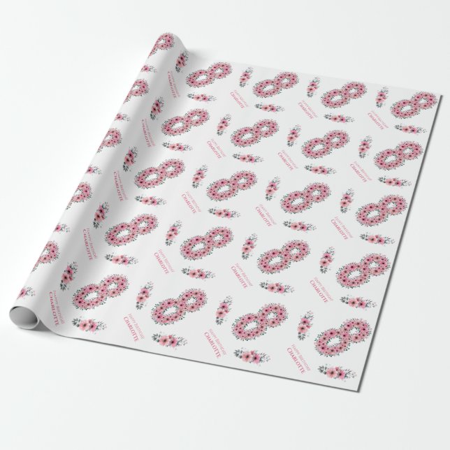 Birthday Big 8th Girl Pink Flowers Green Foliage Wrapping Paper (Unrolled)