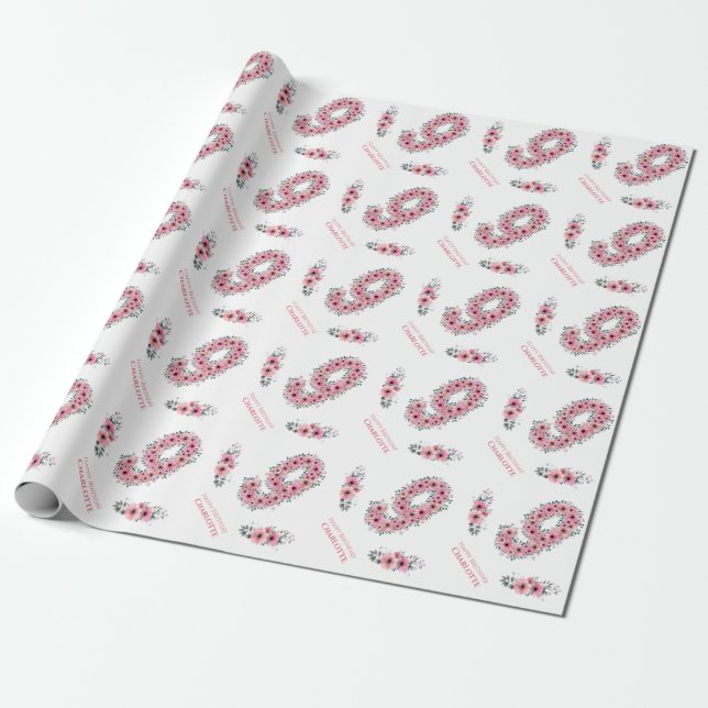 Birthday Big 9th Girl Pink Flowers Green Foliage Wrapping Paper (Unrolled)