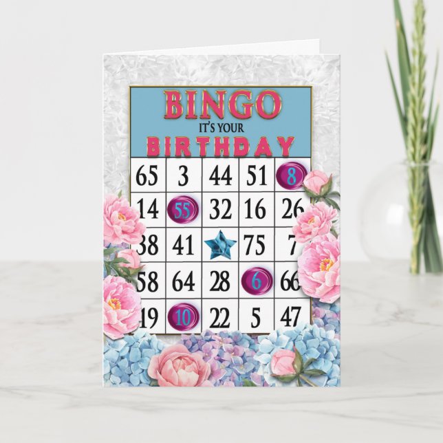 Birthday Bingo Card and Pink Blue Flowers (Front)