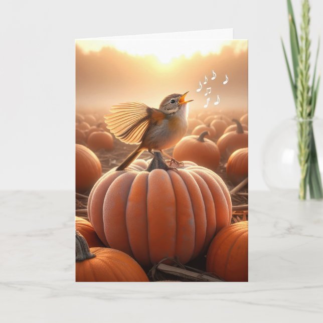 Birthday Bird Singing On a Pumpkin Card (Front)