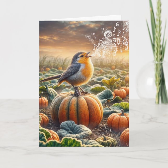 Birthday Bird Singing On a Pumpkin Card (Front)