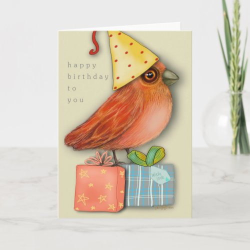 Birthday Bird Sitting on Presents Blank Inside Card