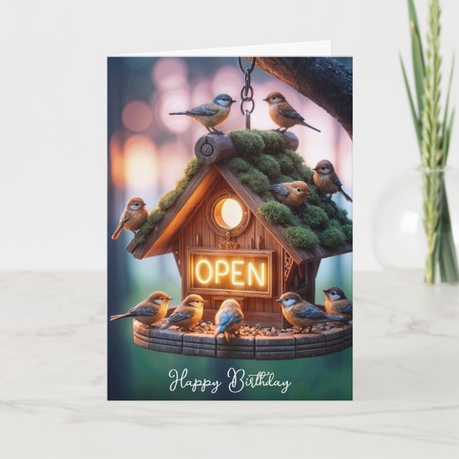 Birthday Birdhouse With Neon Open Sign Card (Front)