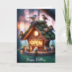 Birthday Birdhouse With Neon Open Sign Card