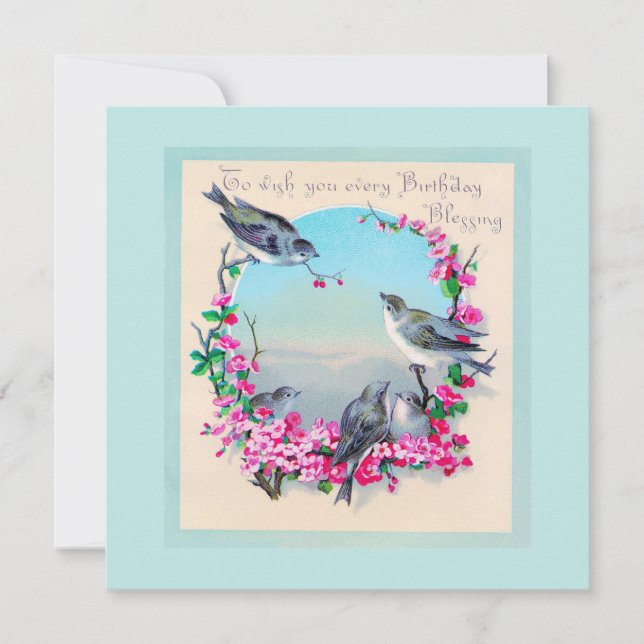 Birthday Birds and Flowers Vintage Greeting Card (Front)