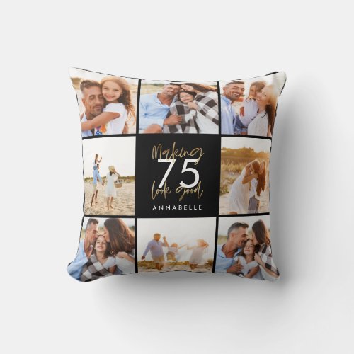 birthday black and gold photo collage  throw pillow