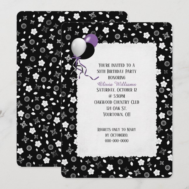 birthday black and white floral mini print invitation (Front/Back)