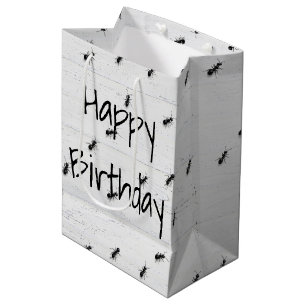 Birthday Black Ants on Whitewashed Wood Medium Gift Bag