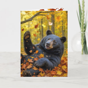 Birthday Black Bear Rolling In Autumn Leaves Card