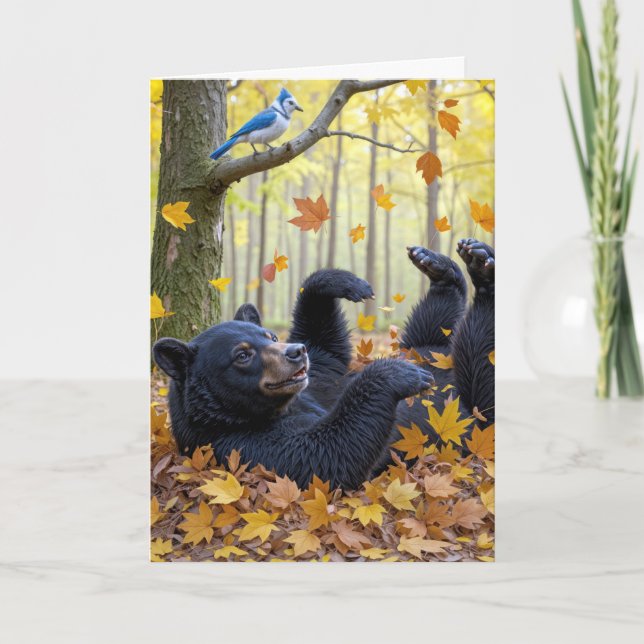 Birthday Black Bear Rolling In Autumn Leaves Card (Front)
