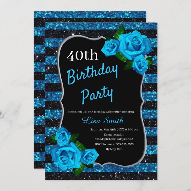 Birthday Black Blue Stripes Glitter Blue Roses Invitation (Front/Back)