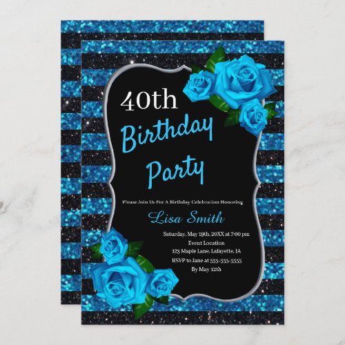 Birthday Black Blue Stripes Glitter Blue Roses Invitation
