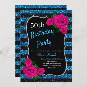 Birthday Black Blue Stripes Glitter Pink Roses Invitation