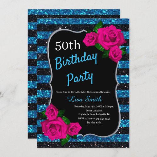 Birthday Black Blue Stripes Glitter Pink Roses Invitation