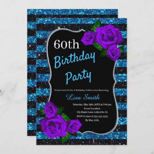 Birthday Black Blue Stripes Glitter Purple Roses Invitation