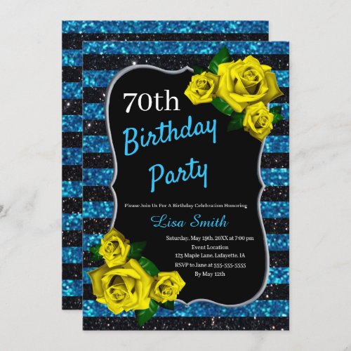 Birthday Black Blue Stripes Glitter Yellow Roses Invitation