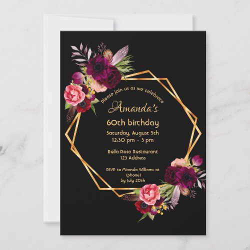 Birthday black burgundy floral gold geometric invitation