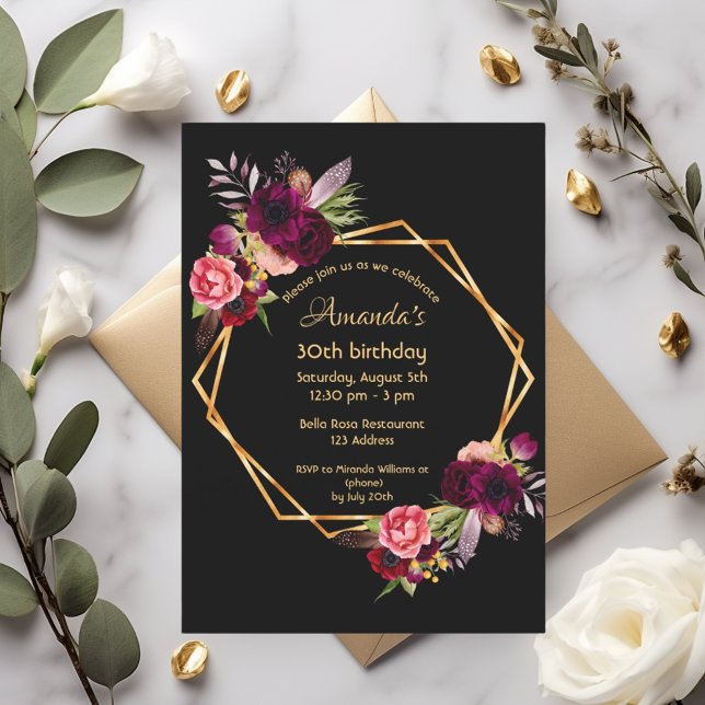 Birthday black burgundy floral gold geometric invitation (Creator Uploaded)