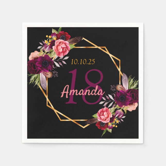 Birthday black burgundy floral gold geometric napkins (Front)