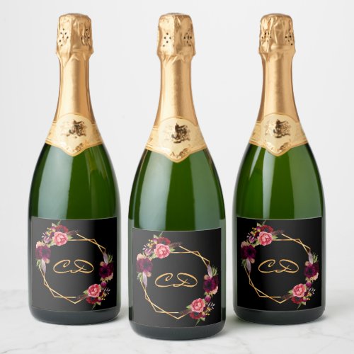 Birthday black burgundy floral monogram initials sparkling wine label