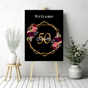 Birthday black burgundy florals geometric welcome foam board