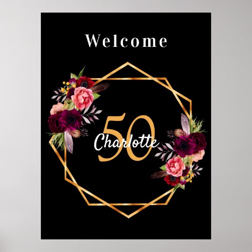 Birthday black burgundy florals geometric welcome poster