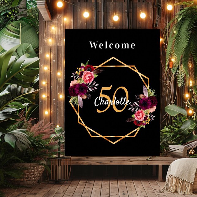 Birthday black burgundy florals geometric welcome poster (Creator Uploaded)
