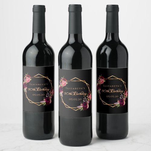 Birthday black burgundy gold geometric floral wine label