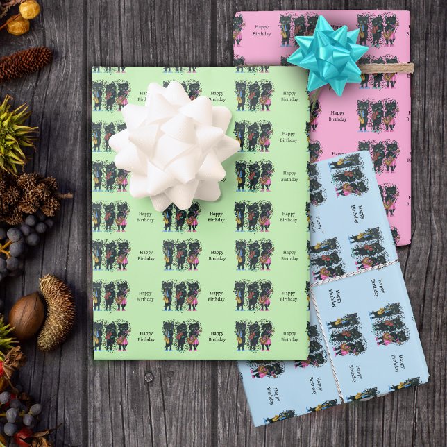 Birthday Black Cat Musicians Heart of Music Notes Wrapping Paper Sheets (Black cats playing music hearts of music notes on green, blue and pink gift wrapping paper sheets.)