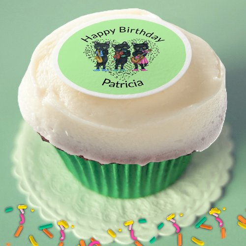 Birthday Black Cats Playing Music Instrument Green Edible Frosting Rounds