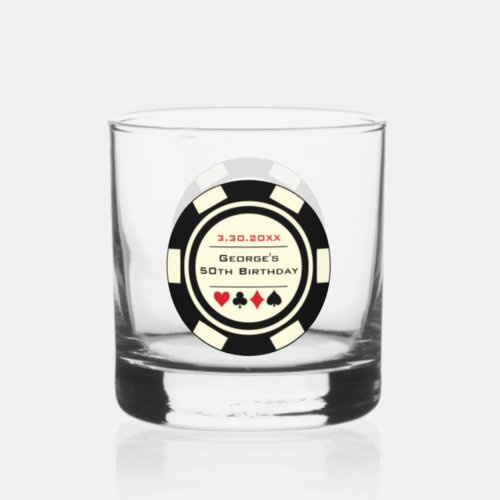 Birthday Black Cream Poker Chip Las Vegas Theme Whiskey Glass
