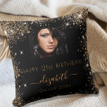 Birthday black custom photo gold glitter monogram throw pillow<br><div class="desc">A gift for a girly and glamorous 21st (or any age) birthday. A stylish black background with faux gold glitter dust. Personalize and add your own high quality photo of the birthday girl. The text: The name is written with a modern hand lettered style script with swashes.To keep the swashes...</div>