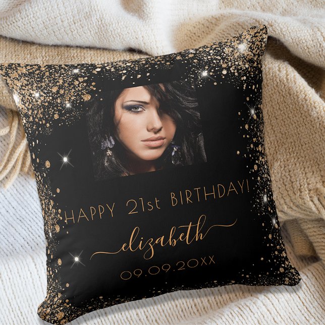 Birthday black custom photo gold glitter monogram throw pillow (Creator Uploaded)