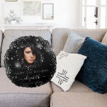 Birthday black custom photo silver glitter name  round pillow<br><div class="desc">A gift for a girly and glamorous 21st (or any age) birthday. A stylish black background with faux silver glitter dust. Personalize and add your own photo of the birthday girl. The text: The name is written in white with a modern hand lettered style script with swashes.To keep the swashes...</div>