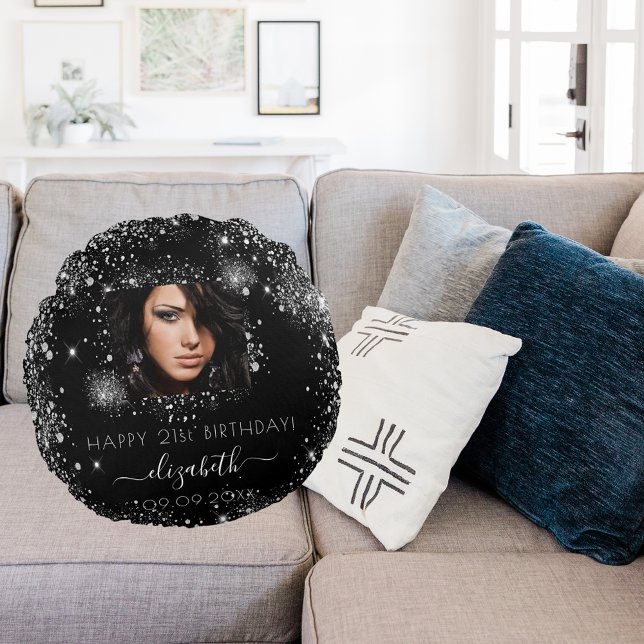 Birthday black custom photo silver glitter name  round pillow (Creator Uploaded)