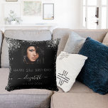 Birthday black custom photo silver glitter name throw pillow<br><div class="desc">A gift for a girly and glamorous 21st (or any age) birthday. A stylish black background with faux glitter dust. Personalize and add your own high quality photo of the birthday girl. The text: The name is written in white with a modern hand lettered style script with swashes.To keep the...</div>