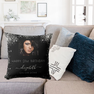 Birthday black custom photo silver glitter name throw pillow