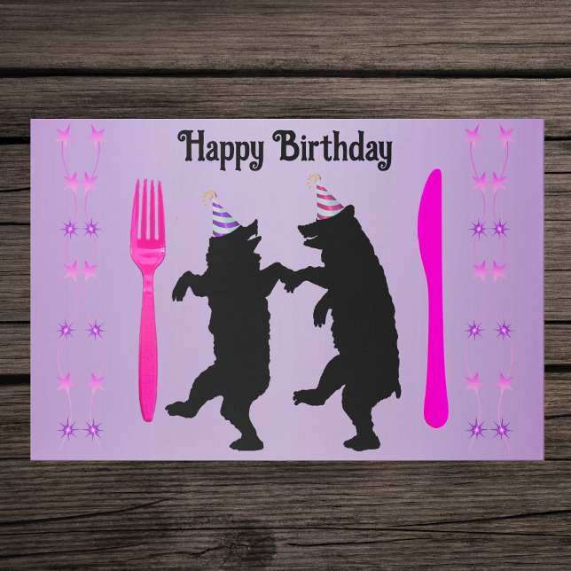 Birthday Black Dancing Bears Party Hats Pink Stars Paper Pad (Cute black dancing bears rows of pink stars party hats on purple Birthday paper placemats for kids.)
