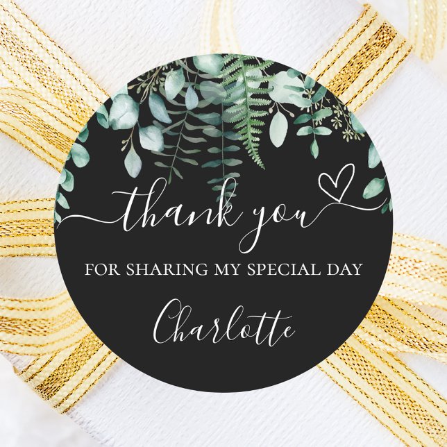 Birthday black eucalyptus greenery thank you classic round sticker (Creator Uploaded)