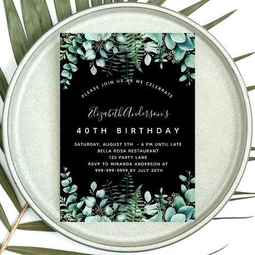 Birthday black eucalyptus greenery woodland invitation