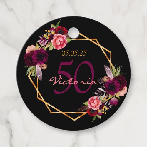 Birthday black floral gold geo thank you favor tags
