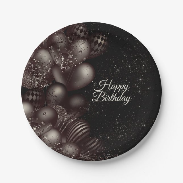Birthday Black Glitter Balloons Sparkle Party Paper Plates (Front)