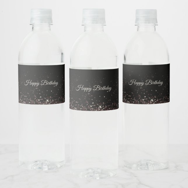 Birthday Black Glitter Balloons Sparkle Party Water Bottle Label (Bottles)