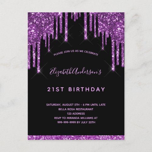 Birthday black glitter drips purple invitation postcard